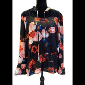 Worthington Plus Size XL Black Velvet w/ Floral Sheer Gathered Waist Blouse